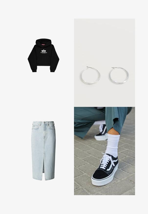 Sort cropped hoodie lavet af blødt materiale. Har en frontlomme, ribbede ærmer og et hvidt logo print med striber på brystet.; Lyseblå denim midi nederdel med frontslids, bæltestropper, knap- og lynlåsfastgørelse samt for- og baglommer.; Sorte ruskinds sneakers med hvide accenter og snørebånd, der har en tyk hvid sål og kontrasterende syninger, parret med en hvid sok.; Sølvfarvede metaloorringe med glat, let buet overflade og låsemekanisme på en ensfarvet hvid baggrund.