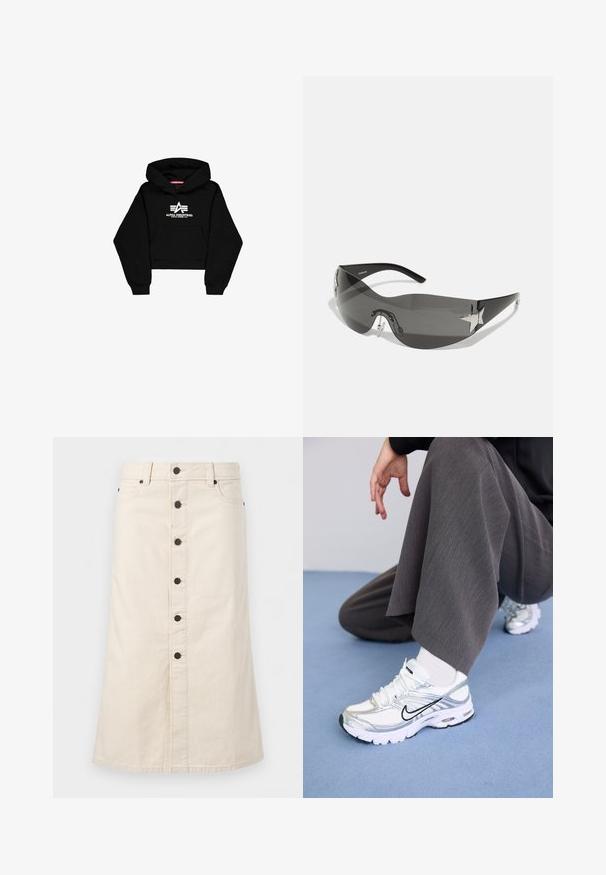 Sort cropped hoodie lavet af blødt materiale. Har en frontlomme, ribbede ærmer og et hvidt logo print med striber på brystet.; Beige knælængde denimnederdel med sorte knapper foran, bæltestropper og sidelommer mod en ensfarvet hvid baggrund.; Hvide og sølv atletik sko med meshej og syntetiske materialer, der har sorte accentlinjer, snørebånd og strukturerede såler.; Sorte solbriller med wrap-around design, mørktonede linser, skinnende stjerneformede detaljer og justerbare næsepuder.