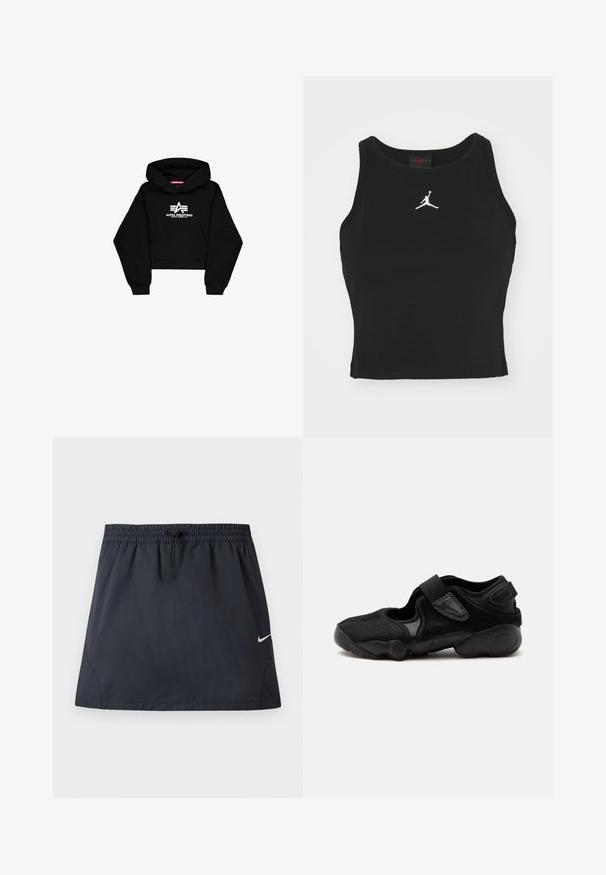 Sort cropped hoodie lavet af blødt materiale. Har en frontlomme, ribbede ærmer og et hvidt logo print med striber på brystet.; Sort tætsiddende tanktop lavet af bomuld, med rund udskæring og et hvidt Jordan-logo syet på fronten i midten. Glat tekstur.; Sort atletisk nederdel med elastisk taljebånd og justerbar snøre, med en lille hvid Nike swoosh-logo på højre side.; Sort atletisk sko med rund tå, justerbare remme og tekstureret sål, vist fra siden på en ensfarvet baggrund.