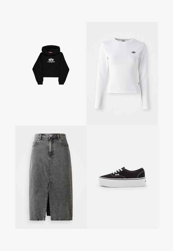 Sort cropped hoodie lavet af blødt materiale. Har en frontlomme, ribbede ærmer og et hvidt logo print med striber på brystet.; Hvid langærmet skjorte lavet af ribbet stof. Har et lille sort logo på brystet. Tætsiddende design med en rund halsudskæring.; Højtaljet, falmet sort denim midi-nederdel med en frontslids, bæltesløjfer og klassisk fem-lomme design.; Sort lærred sneakers med en hvid gummi platform sål, der har hvide snørebånd og syninger, ikonisk branding på siden, lav-top design.