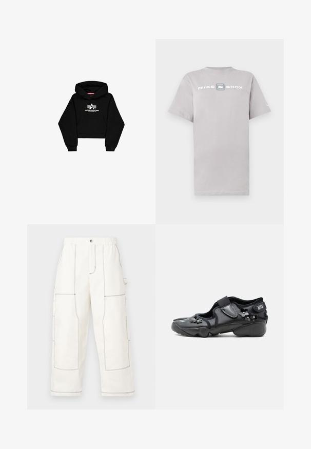 Zwarte cropped hoodie van zacht materiaal. Voorzien van een voorzak, geribbelde manchetten en een witte logoprint met strepen op de borst.; Lichtgrijs katoenen T-shirt met een ronde hals en korte mouwen, met "NIKE SHOX" in dikke witte letters gedrukt over de borst.; Witte cargobroek van stevig materiaal, met grote zakken, contrasterende zwarte stiksels, een elastische tailleband en een losse pasvorm.; Zwarte Nike Air schoen met klittenbandsluiting, versierd met kleine zwarte bloemenversieringen aan de zijkant en voorkant.