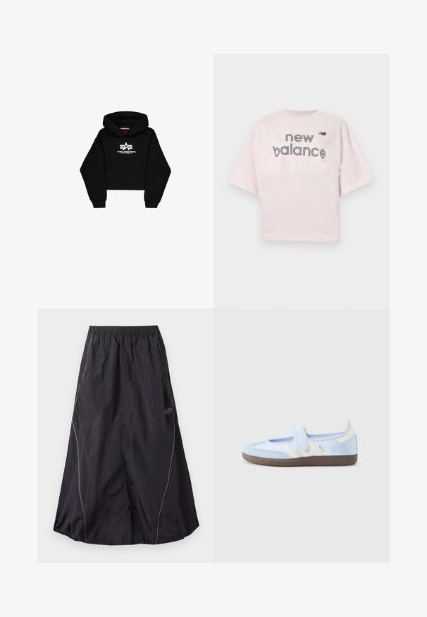 Schwarzer, verkürzter Hoodie aus weichem Stoff. Verfügt über eine Fronttasche, gerippte Bündchen und einen weißen Logo-Druck mit Streifen auf der Brust.; Hellrosa Kurzarm-T-Shirt mit dem Schriftzug "new balance" und kleinem schwarzen "NB"-Logo, zentriert auf der Brust.; Schwarzer leichter Nylon-Sportrock mit elastischem Bund und dezent reflektierendem Paspel an den Seiten, New Balance Logo auf der rechten Seite.; Hellblauer Sneaker mit einem Klettverschluss, cremefarbenen Streifen an den Seiten, weichem Stoff-Obermaterial und einer strukturierten braunen Gummisohle.