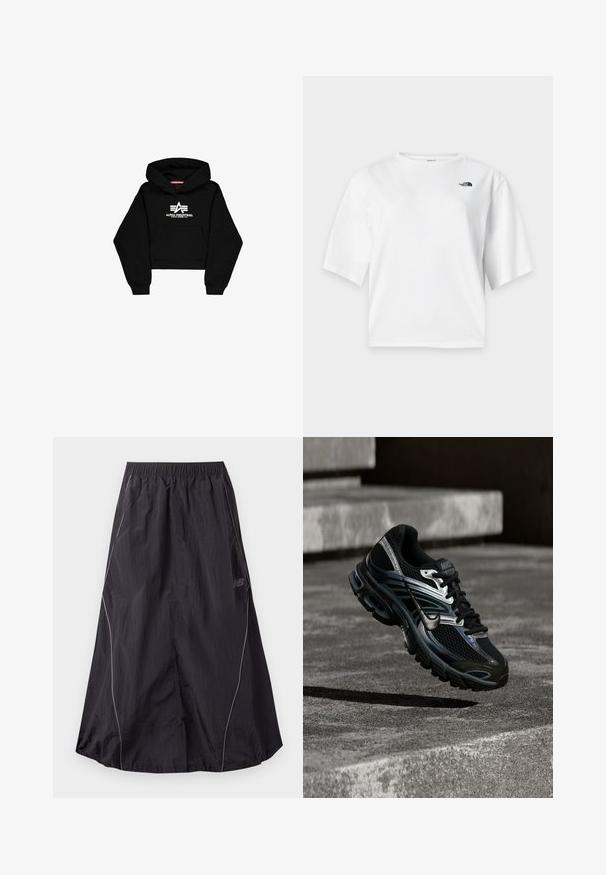 Sort cropped hoodie lavet af blødt materiale. Har en frontlomme, ribbede ærmer og et hvidt logo print med striber på brystet.; Hvid T-shirt med korte ærmer og rund hals med The North Face-logo i sort på venstre bryst.; Sort let nylon atletisk nederdel med elastisk talje og diskret reflekterende piping langs siderne, New Balance-logo på højre side.; Sort og sølv Nike løbesko svævende over betontrappe, viser detaljeret design og tekstureret sål i udendørs omgivelser.