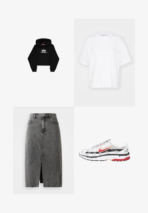 Zwarte cropped hoodie van zacht materiaal. Voorzien van een voorzak, geribbelde manchetten en een witte logoprint met strepen op de borst.; Witte katoenen t-shirt met een ronde hals, korte mouwen en een ontspannen pasvorm. Heeft een subtiel logo op het linkerborstgedeelte. Zachte textuur.; Hoge taille, vervaagde zwarte denim midi-jurk met een split aan de voorkant, riemlussen en een klassieke vijf-pocket ontwerp.; Witte en zwarte sportschoenen met rode en gouden accenten. Beschikt over een mesh bovenwerk, een gevoerde zool en een veilige vetersluiting.