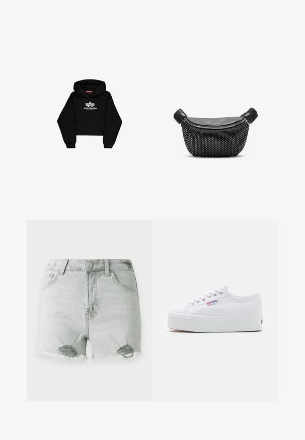 Schwarzer, verkürzter Hoodie aus weichem Stoff. Verfügt über eine Fronttasche, gerippte Bündchen und einen weißen Logo-Druck mit Streifen auf der Brust.; Hellgraue Denim-Shorts mit hoher Taille, distressed Details und fransigen Säumen sowie zwei Fronttaschen. Der Stoff wirkt weich und abgetragen.; Weiße Leinenschuhe mit einer dicken weißen Plattformsohle, runder Zehenpartie und Metallösen für die Schnürsenkel. Markenlogo an der Seite angebracht.; Schwarze Handtasche mit einer glatten Lederoberfläche und einem strukturierten Boden, der mit silbernen Nieten bedeckt ist. Sie verfügt über einen Reißverschluss und zwei Griffe.