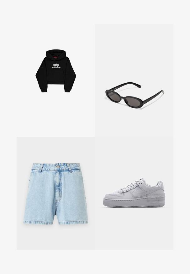 Sort cropped hoodie lavet af blødt materiale. Har en frontlomme, ribbede ærmer og et hvidt logo print med striber på brystet.; Lyseblå denimshorts med knap- og lynlåsbeslag, bæltestropper og en let falmet tekstur.; Grå Nike Air Force 1 sneakers med perforeret tå, glat læderoverdel, tyk sål og præget 'AIR' detalje på hælen.; Even&Odd Solbriller - black