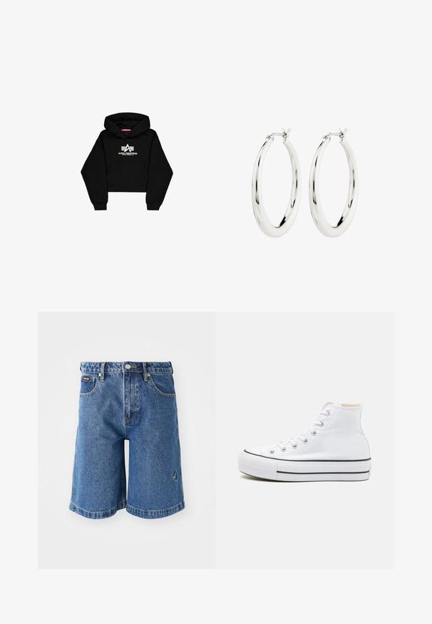 Sort cropped hoodie lavet af blødt materiale. Har en frontlomme, ribbede ærmer og et hvidt logo print med striber på brystet.; Blå denimshorts med lige snit, fem lommer og kontrastfarvet gul syning. Inklusive et lille logo på venstre side.; Hvide høj-top sneakers lavet af kanvasmateriale, sort gummisål og kontrasterende sort stribe på mellemsålen. Rund tåhætte og snørebåndsdesign.; Sølvøreringe i form af hoops med en glat, blank finish. Cirkulær form, der har en sikker lås. Simpelt og elegant design.