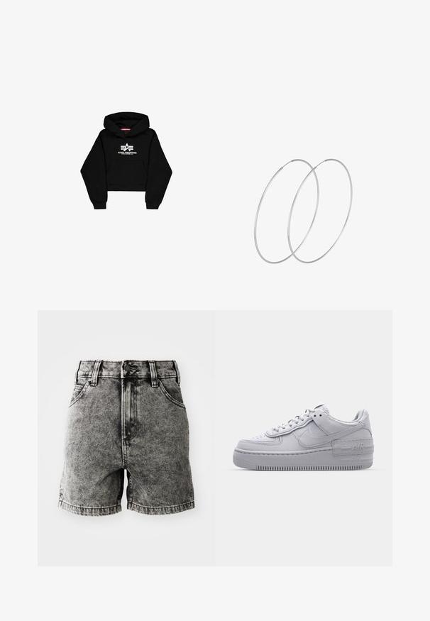 Sort cropped hoodie lavet af blødt materiale. Har en frontlomme, ribbede ærmer og et hvidt logo print med striber på brystet.; Sorte denimshorts med høj talje, fem lommer og en slidteknik med synlige sømme og metalhardware-detaljer.; Grå Nike Air Force 1 sneakers med perforeret tå, glat læderoverdel, tyk sål og præget 'AIR' detalje på hælen.; Sølvøreringe med et minimalistisk design. Cirkulær form, glat tekstur og tynd profil. Letvægtige med en poleret overflade.