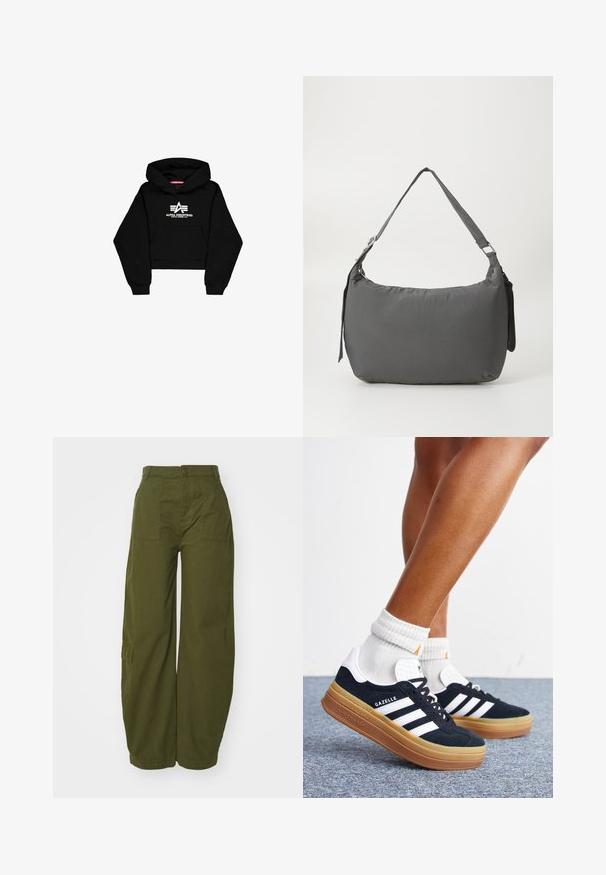 Zwarte cropped hoodie van zacht materiaal. Voorzien van een voorzak, geribbelde manchetten en een witte logoprint met strepen op de borst.; Olijfgroene cargobroek van katoen, met een wijde pasvorm, voorzakken en een knoopsluiting in de taille.; Ben met witte sokken en zwarte Adidas Gazelle sneakers met witte strepen en dikke bruine zolen op een grijs tapijt.; Grijze, gewatteerde schoudertas met een gebogen vorm, een gladde textuur, een verstelbare schouderband en een subtiel reliëflogo aan de voorkant.