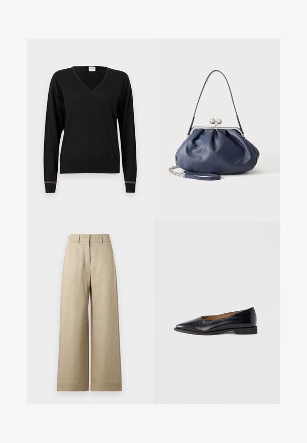 Pull en maille noire avec col en V, manches longues et poignets côtelés, présentant un détail de rayures multicolores à l'ourlet. Texture douce.; Pantalon beige à jambes larges avec passants pour ceinture, poches avant et fermeture éclair avant dissimulée avec un crochet.; Chaussure plate en cuir noir avec un bout pointu et un petit talon carré. Texture lisse, design minimaliste, sans éléments métalliques visibles ni motifs.; Sac à main en cuir bleu marine doux avec fermeture à boucle argentée, une seule bandoulière, et une chaîne de poignet amovible sur fond blanc.