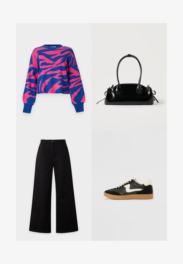 Pull court rose et bleu présentant un motif audacieux de rayures de tigre, texture tricotée, encolure ronde et poignets côtelés.; Pantalon noir à jambes larges avec bouton sur le devant, fermeture éclair et poches latérales sur un fond uni clair.; Baskets en daim et cuir noir avec un swoosh latéral crème et un talon crème clair. Dotées de lacets beige et d'une semelle en caoutchouc gomme.; Petit sac à main noir brillant avec deux longues anses et des détails à cordon sur les côtés sur un fond clair uni.