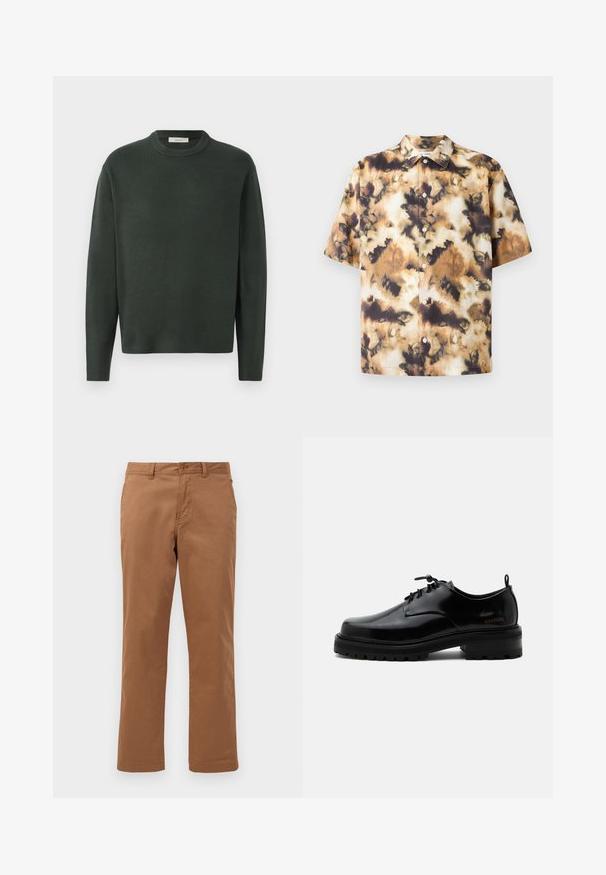 Tmavozelený pletený sveter s okrúhlym výstrihom, dlhými rukávmi a jemnou textúrou, s jednoduchým, bezšvovým dizajnom.; Samsøe Samsøe SAAYO SHIRT - Košeľa - collage cameo; Hnedé bavlnené nohavice so strihom rovného nohavice, s gombíkovým zapínaním a prednými vreckami. Hladká textúra a čisté spracovanie.; Čierna leštená kožená šnurovacia obuv s hrubou gumovou podrážkou a nízkym podpätkom, bočný nápis značky "SAMSOE" a zadné ťahadlo.