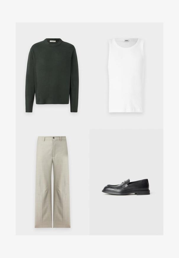 Pull en tricot vert foncé avec un col rond, des manches longues et une texture douce, présentant un design simple et sans coutures.; Débardeur en coton blanc sans manches avec un col rond et une texture lisse. Design simple, sans motifs ni accents.; Pantalon formel beige clair à jambes droites, fermeture avec bouton et fermeture éclair, passants pour ceinture, présenté sur un fond blanc.; Mocassins en cuir noir avec une finition texturée, dotés d'une bride décorative à l'avant et d'un bout arrondi. Semelle en caoutchouc pour plus de durabilité.
