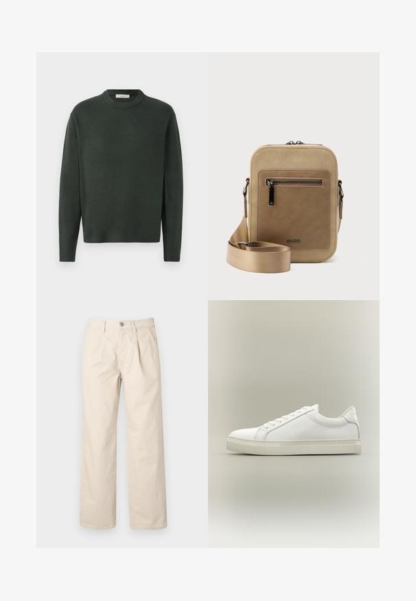 Pull en tricot vert foncé avec un col rond, des manches longues et une texture douce, présentant un design simple et sans coutures.; Pantalons larges beiges à taille haute, avec des plis avant, une fermeture à bouton sur le devant et un tissu en coton lisse.; Baskets blanches basses à lacets sur l’avant et semelle épaisse, vues de côté sur un fond neutre.; Petit sac bandoulière beige avec poche avant zippée, logo métallique ALDO, sangle large ajustable et forme rectangulaire arrondie sur fond blanc.