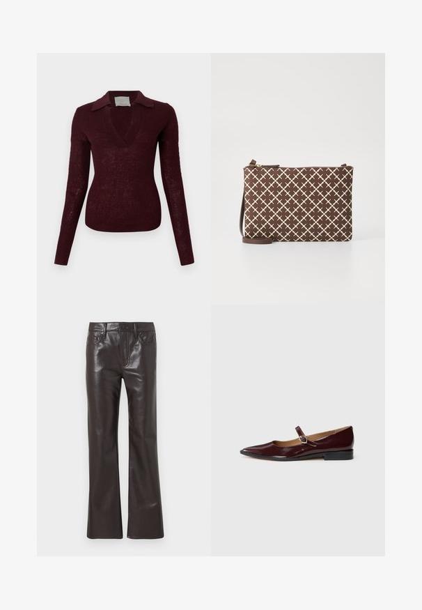 Pull en maille bordeaux foncé à manches longues, col en V large et col plat, silhouette ajustée sur fond blanc.; Pantalon droit en similicuir marron foncé avec fermeture à bouton et fermeture éclair, poches avant et arrière, et passants pour ceinture.; Ballerines en cuir verni bordeaux de type Mary Jane avec un bout pointu, un talon plat et une sangle décorative avec une boucle circulaire.; Pochette marron à motifs avec un design géométrique en beige clair, dotée d'une fermeture éclair et d'une bandoulière réglable marron.