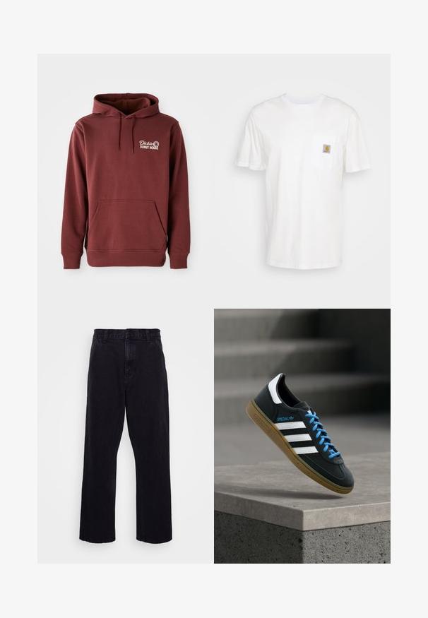Burgunderfarbener Kapuzenpullover mit einer Vordertasche, ausgestattet mit dem gestickten "Dickie's Donut House"-Logo auf der linken Brust in Weiß. Weicher, strukturierten Stoff.; Weißes Baumwoll-T-Shirt mit kurzen Ärmeln, einer Brusttasche und einem kleinen quadratischen Logopatch in Orange und Weiß auf der Tasche.; Schwarze Jeanshose mit geradem Bein, ausgestattet mit einem Knopf- und Reißverschluss, Gürtelschlaufen und minimalen Nähdetails.; Schwarzer Adidas-Sneaker mit weißen Streifen, blauen Schnürsenkeln und Gummisohle, der über einer grauen Betontreppe im weichen Licht schwebt.