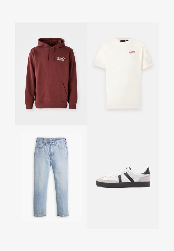 Burgunderfarbener Kapuzenpullover mit einer Vordertasche, ausgestattet mit dem gestickten "Dickie's Donut House"-Logo auf der linken Brust in Weiß. Weicher, strukturierten Stoff.; Weißes Baumwoll-T-Shirt mit kurzen Ärmeln und rundem Halsausschnitt, mit einem kleinen roten Skateboard-Motiv auf der linken Brust. Glatte Textur.; Helle blaue Denim-Jeans mit geradem Bein, im Fünf-Taschen-Stil und kontrastierenden Nähten. Knopf- und Reißverschluss an der Taille.; Weiße Sneaker mit schwarz- und grau-aczenten, ausgestattet mit einer strukturierten grauen Zehenkappe, schwarzer Gummi-Sohle und flachen weißen Schnürsenkeln. Sauberes Design, minimalistische Stil.