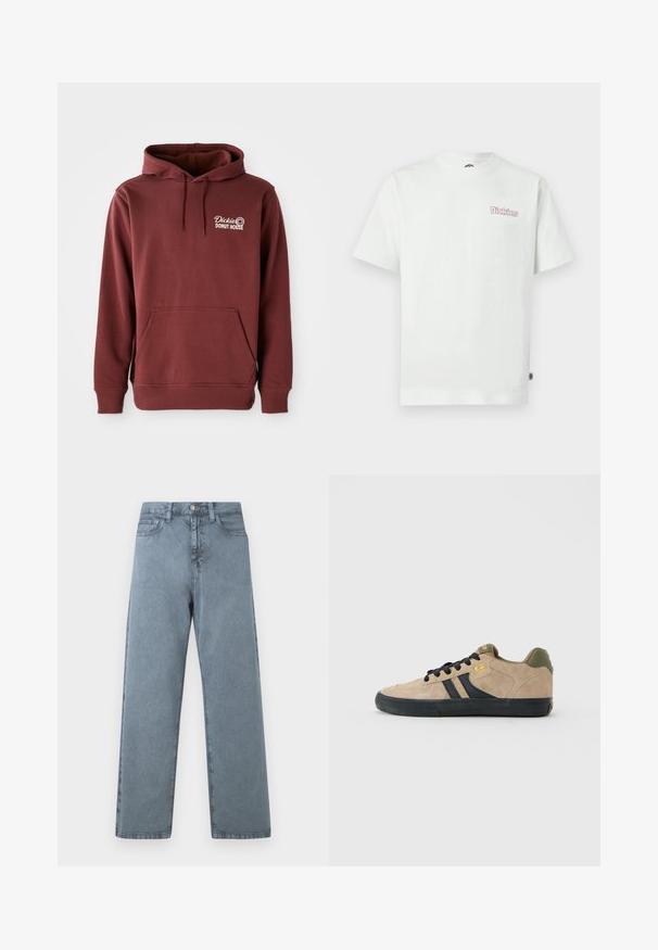 Burgunderfarbener Kapuzenpullover mit einer Vordertasche, ausgestattet mit dem gestickten "Dickie's Donut House"-Logo auf der linken Brust in Weiß. Weicher, strukturierten Stoff.; Weißes Baumwoll-T-Shirt mit kurzen Ärmeln, Rundhalsausschnitt und einem pinkfarbenen "Dickies"-Logo auf der linken Brust. Glatte Textur.; Hellblaue Jeans aus Denim mit geradem Bein, fünf Taschen, Metallknopfverschluss und leicht verblasster Textur.; Beige Wildlederschuh für Skateboarding mit schwarzer Sohle, schwarzen Schnürsenkeln, schwarzen Seitenstreifen, olivgrüner Ferse und gelbem Globe-Logo an der Seite und Zunge.