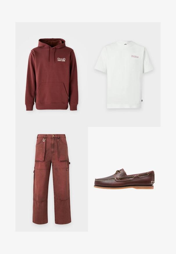 Burgunderfarbener Kapuzenpullover mit einer Vordertasche, ausgestattet mit dem gestickten "Dickie's Donut House"-Logo auf der linken Brust in Weiß. Weicher, strukturierten Stoff.; Weißes Baumwoll-T-Shirt mit kurzen Ärmeln, Rundhalsausschnitt und einem pinkfarbenen "Dickies"-Logo auf der linken Brust. Glatte Textur.; Ziegelfarbene Cargo-Hose mit geradem Bein, großen Fronttaschen, Knieabnähern, Gürtelschlaufen, einem Metall-Schlüsselring und Knopfverschluss.; Brauner Leder-Bootsschuh mit weißen Nähten, Schnürdetails und hellbrauner Gummisohle, seitlich auf weißem Hintergrund gezeigt.