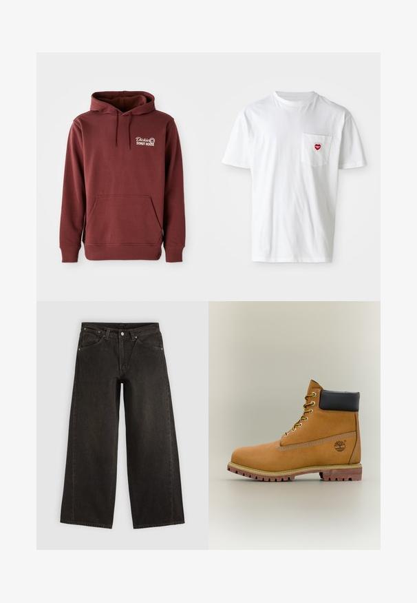 Bordeaux hoodie met een voorzak, voorzien van het borduur logo "Dickie's Donut House" op de linkerborst in het wit. Zachte, textuurstof.; Witte katoenen T-shirt met een ronde hals en korte mouwen. Bevat een klein rood hartlogo op de linkerkant van de borstzak.; Zwarte wijdere denim jeans met voorzakken, knoopsluiting en ceintuurlussen, plat neergelegd op een lichte achtergrond.; Bruine leren enkellaars met zwarte kraag, gele veters en een zandkleurige zool. Voorzien van een logo en witte stikseldetails. Robuuste loopzool met grip.