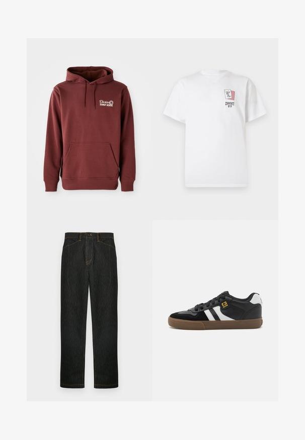 Bordeaux hoodie met een voorzak, voorzien van het borduur logo "Dickie's Donut House" op de linkerborst in het wit. Zachte, textuurstof.; Witte katoenen T-shirt met korte mouwen, met een grafisch zakontwerp met speelkaarten en de tekst "Carhartt WIP" aan de voorkant.; Zwarte broek met strepen van denim, met oranje stiksels en een rechte pijp. Voorzien van een knoopsluiting aan de voorkant en lussen voor een riem.; Zwart-witte sneakers met een bovenwerk van suède en leer, voorzien van witte strepen, zwarte veters en een bruine rubberen zool. Gouden logo-accenten.
