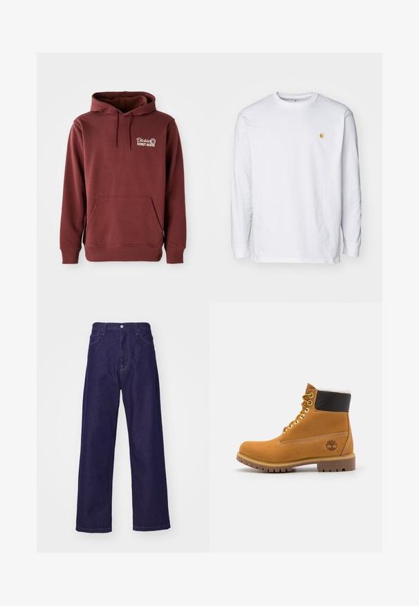 Bordeaux hættetrøje med frontlomme, der har "Dickie's Donut House" logoet broderet på venstre bryst i hvid. Blødt, struktureret stof.; Hvid langærmet t-shirt lavet af bomuld. Har et lille gyldent logo på brystet og en rund halsudskæring. Enkel design og standard pasform.; Mørkeblå denim bukser med vid ben, høj talje, der har forlommer og knaplukning, som viser en glat og robust tekstur.; Brune læder ankelstøvle med metaløjer, hvid pelsforing, sort polstret krave, robust sål og præget logo på siden.