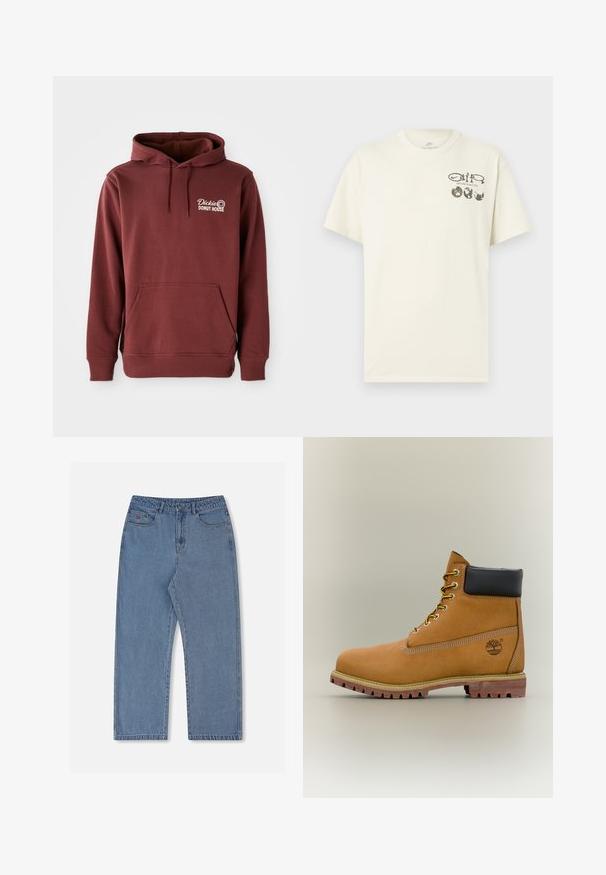 Burgunderfarbener Kapuzenpullover mit einer Vordertasche, ausgestattet mit dem gestickten "Dickie's Donut House"-Logo auf der linken Brust in Weiß. Weicher, strukturierten Stoff.; Cremefarbenes Nike-T-Shirt mit kurzen Ärmeln, auf der linken Brust mit dem Schriftzug "Nature in Motion" und drei Globus-Grafiken versehen.; Hellblaue Denim-Jeans mit lockerem Sitz, geraden Beinen, fünf Taschen und Knopfverschluss. Mit dezentem roten Logo auf der Vorderseite der Tasche.; Brauner Leder-Stiefelette mit schwarzem Kragen, gelben Schnürsenkeln und hellbrauner Sohle. Verfügt über ein Logo und weiße Ziernähe. Robuste Profilsohle.