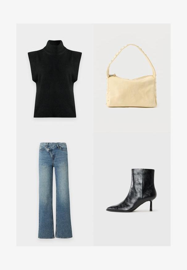Sort strikket ærmeløs turtleneck sweater vest med ribbet krave, armåbninger og søm på en ensfarvet baggrund.; Lyseblå denim jeans med vide ben og høj talje, let falmet effekt og knaplukning foran. Har fem lommer og minimal syning.; Sort læder ankelstøvle med spids tå og en tynd, kort hæl. Har en tekstureret overflade og et rent design med en sømløs side.; Lille beige læderhåndtaske med en enkelt rem og sølvnitter langs kanterne og remmen, sat mod en ensfarvet baggrund.