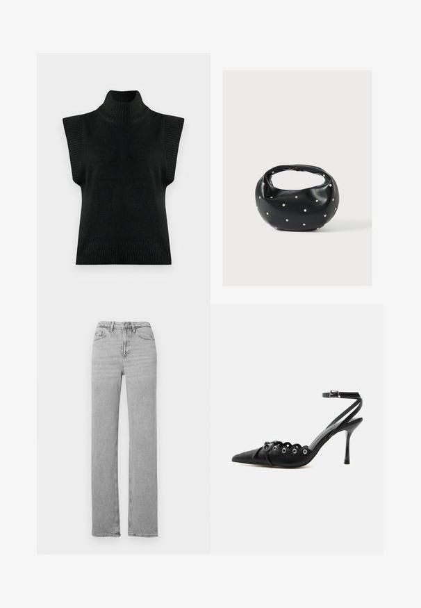 Sort strikket ærmeløs turtleneck sweater vest med ribbet krave, armåbninger og søm på en ensfarvet baggrund.; Lysegrå straight-leg denim jeans med frontknap og lynlås, bæltestropper og fem-lomme-design.; Sort spids hæl med bølgede kanter, metaløjer, snørelukning foran og ankelrem med spænde.; Sort læderhåndtaske med en rundet form, dekoreret med sølvnitter, og et kort håndtag. Glat tekstur og lynlåslukning.