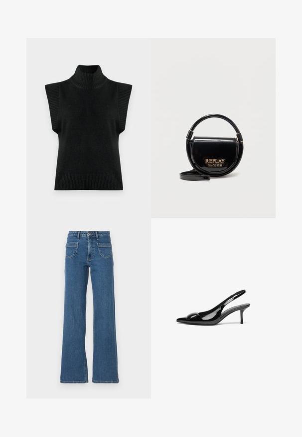 Gilet sans manches en tricot noir à col roulé avec des bords côtelés au niveau du col, des emmanchures et de l'ourlet sur un fond uni.; Jeans en denim bleu à jambes larges avec une taille haute, cinq poches, fermeture à boutons à l'avant et une finition légèrement délavée. Les ourlets et coutures cousus sont visibles.; Escarpins slingback en cuir verni noir avec un bout pointu et une finition brillante. Présente un talon fin et un accent arrondi au dessus du pied.; Sac à main rond noir brillant avec poignée supérieure et inscription dorée "REPLAY SINCE 1981" sur le rabat avant, posé sur fond blanc.