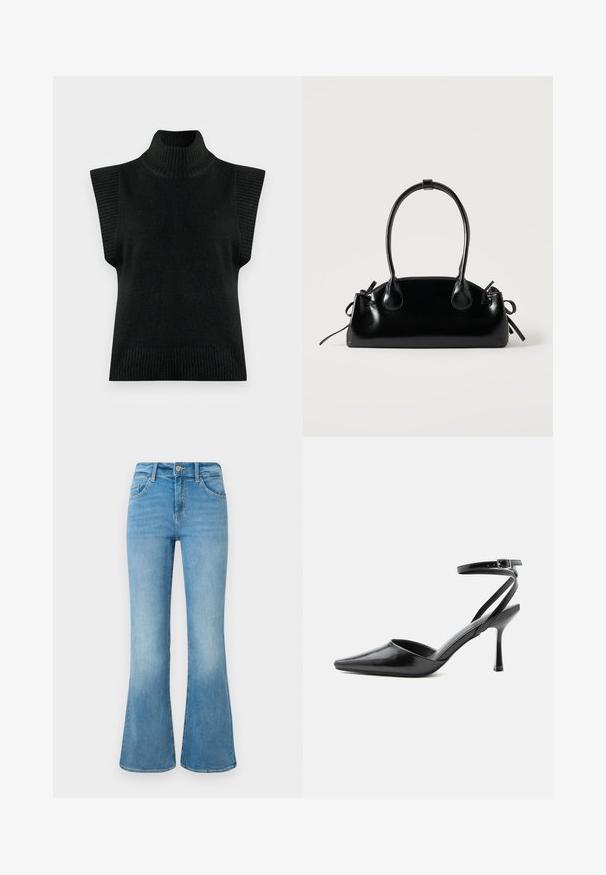 Sort strikket ærmeløs turtleneck sweater vest med ribbet krave, armåbninger og søm på en ensfarvet baggrund.; Lyseblå denim flare jeans med forlommer, bæltestropper og knaplukning mod en hvid baggrund.; Sort spids højhælet sko med tynde ankelremme og sølvspænde på en ensfarvet lys baggrund.; Lille sort blank håndtaske med to lange håndtag og snøre-detaljer i siden på en ensfarvet lys baggrund.
