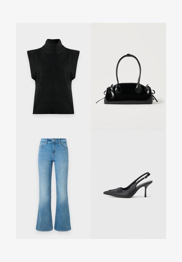 Sort strikket ærmeløs turtleneck sweater vest med ribbet krave, armåbninger og søm på en ensfarvet baggrund.; Lyseblå denim flare jeans med forlommer, bæltestropper og knaplukning mod en hvid baggrund.; Sorte læder slingback stiletto med spids tå, side spændebånd, nitter langs kanten og dekorativ snøring foran.; Lille sort blank håndtaske med to lange håndtag og snøre-detaljer i siden på en ensfarvet lys baggrund.