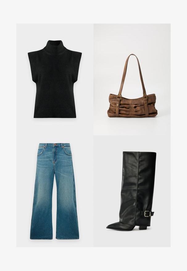 Sort strikket ærmeløs turtleneck sweater vest med ribbet krave, armåbninger og søm på en ensfarvet baggrund.; Højtaljede blå denimjeans med brede ben, frontlommer, knaplukning og en falmet farvegradient fra talje til kant.; Sorte læder ankelstøvler i ankellængde med spids tå, glat tekstur og en sølvspændeaccents på siden. Kraftig firkantet hæl.; Even&Odd Håndtasker - brown