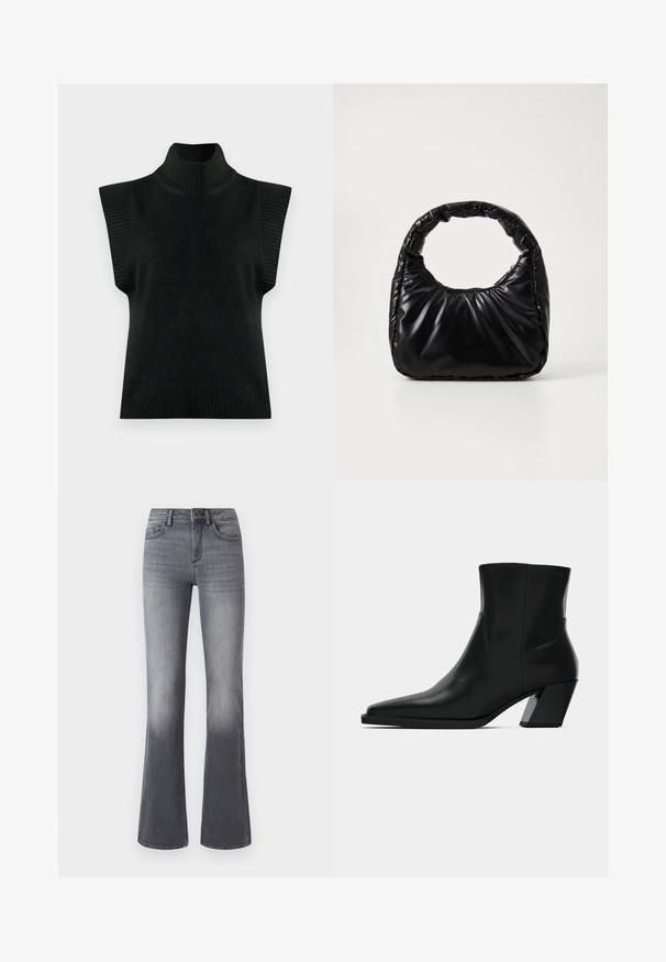 Gilet sans manches en tricot noir à col roulé avec des bords côtelés au niveau du col, des emmanchures et de l'ourlet sur un fond uni.; Jean flare taille haute en denim gris foncé, avec poches frontales, fermeture à bouton et légère décoloration vers l'ourlet.; Bottine en cuir noir avec un bout pointu, une silhouette élégante et un talon carré massif. Texture lisse avec des détails de couture minimalistes.; Sac à main noir rembourré avec une poignée arrondie, présentant une surface lisse et brillante ainsi qu'une texture douce et matelassée. Pas de quincaillerie ou d'accents visibles.