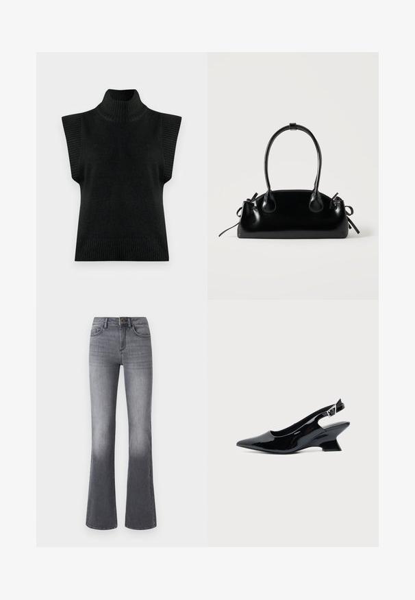 Sort strikket ærmeløs turtleneck sweater vest med ribbet krave, armåbninger og søm på en ensfarvet baggrund.; Højtaljede, brede jeans i mørkegråt denim med forlommer, knaplukning og subtilt falmede effekter mod kanten.; Sort laklæder slingback sko med spids tå og lav vinklet blokhæl på ensartet lys baggrund.; Lille sort blank håndtaske med to lange håndtag og snøre-detaljer i siden på en ensfarvet lys baggrund.