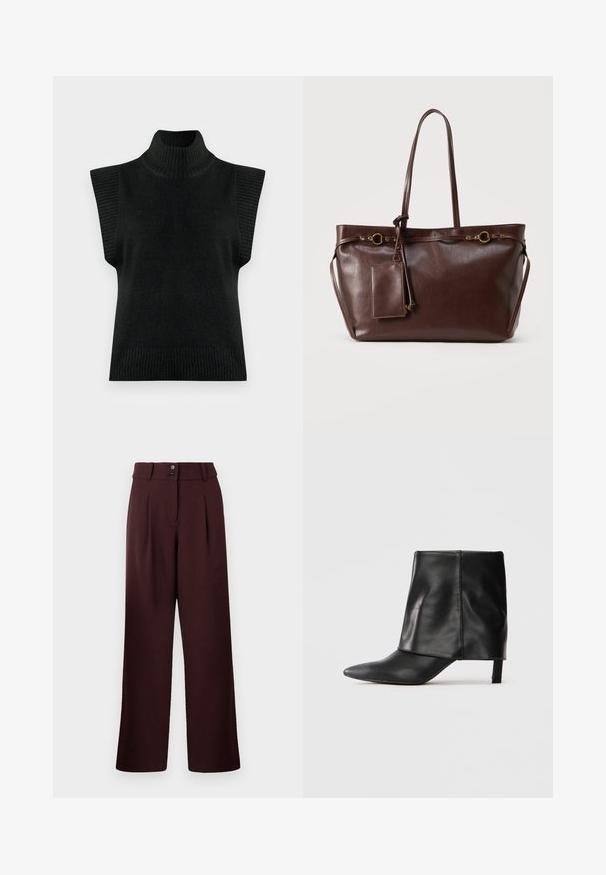 Gilet sans manches en tricot noir à col roulé avec des bords côtelés au niveau du col, des emmanchures et de l'ourlet sur un fond uni.; Pantalons évasés en bordeaux foncé, avec une taille haute, deux plis à l'avant et une fermeture à deux boutons. Fabriqués en tissu texturé.; Botte noire en cuir mi-mollet avec bout pointu, tige supérieure repliée et petit talon élancé, se tenant sur fond blanc.; Sac cabas en cuir marron foncé avec deux longues anses, anneaux décoratifs en or, et pochette rectangulaire attachée avec fermeture éclair.