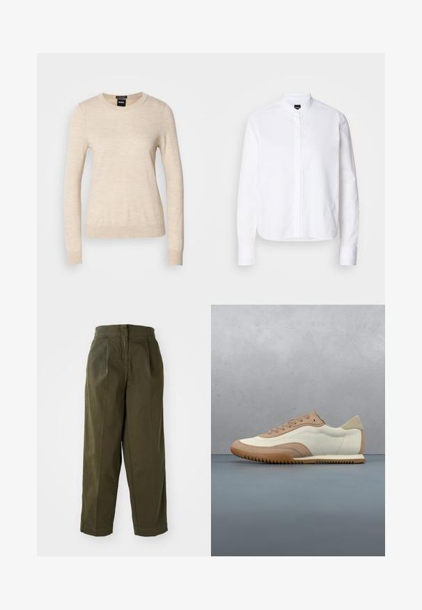 BOSS FERPINA - Jersey de punto - light beige; Camisa blanca de cuello con pliegue frontal, de mangas largas y puños con botón. Fabricada en un suave tejido de algodón con un corte estructurado.; Pantalones de pierna ancha color verde oliva con cintura alta, con pliegues frontales y dobladillos vueltos. Fabricados en un tejido ligero con una textura suave.; Zapatilla en crema y beige con parte superior texturizada, cordones y suela de goma, exhibida sobre una superficie de madera con piedras.