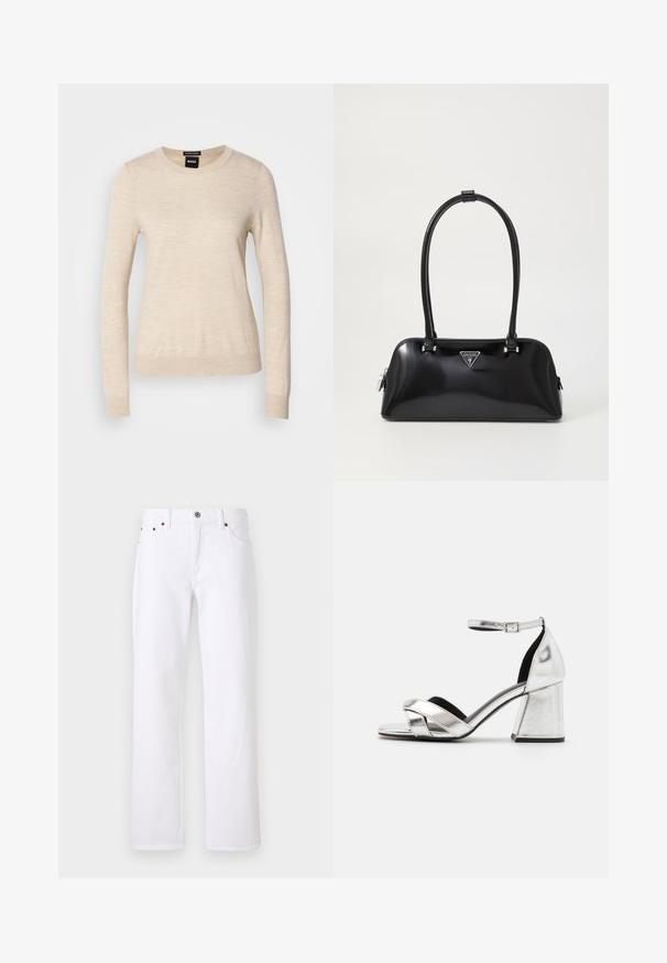 BOSS FERPINA - Svetrík - light beige; Biele džínsy z denimu s rovno strihanými nohavicami, vybavené piatimi vreckami, medenými nitmi, kovovým zapínaním na gombík a textúrovaným vzorom látky.; Strieborné metalické sandále na vysokom podpätku s krížovým remienkom, remienkom okolo členka a blokovým podpätkom. Hladký povrch s čiernou vnútornou podšívkou.; Čierna lesklá kabelka s zakriveným siluetou, dvoma uchami a prednou nášivkou s logom. Zipsové uzatváranie a lesklé hardvérové akcenty.