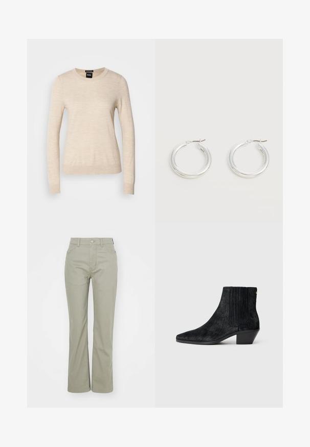 BOSS FERPINA - Jersey de punto - light beige; Pantalones de talle alto en verde claro, con corte recto. Cuentan con bolsillos clásicos y un cierre de botón metálico en la parte delantera. Textura de tela suave.; Botín negro hasta el tobillo con punta afilada, material texturizado similar al pelo, panel lateral acanalado y un tacón bajo y cuadrado. Diseño simple y moderno.; Par de pendientes de aro plateados brillantes de tamaño mediano con cierres metálicos finos sobre un fondo neutro claro.