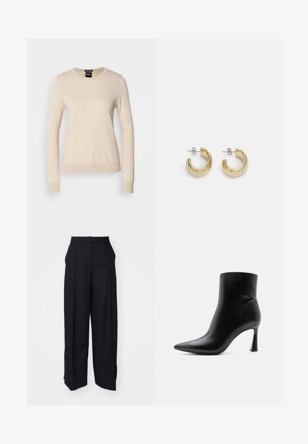 BOSS FERPINA - Strickpullover - light beige; Schwarze Hosen mit einem strukturierten Muster. Mit gefalteter Vorderseite, seitlichen Taschen und geradem Beindesign. Das Material wirkt glatt.; Schwarzer Leder-Knöchelstiefel mit spitzer Spitze und schlankem, hohem Stilettoabsatz, seitlich auf weißem Hintergrund gezeigt.; Goldene Creolen mit strukturierter Oberfläche und glänzender Finish. In kreisförmigem Design mit einem sicheren Postverschluss zum Schließen.