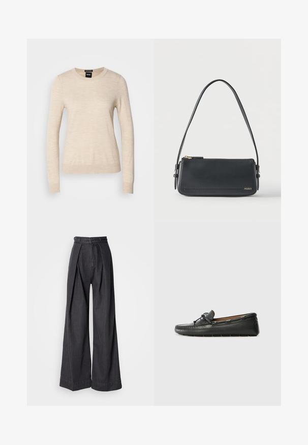 BOSS FERPINA - Svetrík - light beige; KŽ velké černé džínsy s vysokým pásom, majú predné záhyby a klasické zapínanie na zips. Čistá, hladká textúra s elegantným dokončením.; Čierne kožené loďové topánky s okrúhlou špičkou, prešitou detailmi, malou mašľou a gumovou podrážkou. Hladká textura a štíhly dizajn.; Čierna obdĺžniková kožená kabelka na rameno so zlatým zipsom a malým zlatým logom „HUGO“ na prednej strane, vybavená nastaviteľným remienkom so sponou.