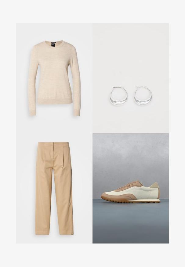 BOSS FERPINA - Strickpullover - light beige; Beige Baumwollhosen mit relaxed Fit, zwei vorderen Falten, geradem Bein und klassischem Knopfverschluss am Bund.; Beige-weißer Sneaker mit einer strukturierten Oberseite, Schnürsenkeln und einer Gummisohle, präsentiert über einer Holzfläche mit Kieselsteinen.; Silberne Creolen mit glänzender Oberfläche und DKNY-Logo, vor einem schlichten weißen Hintergrund präsentiert.