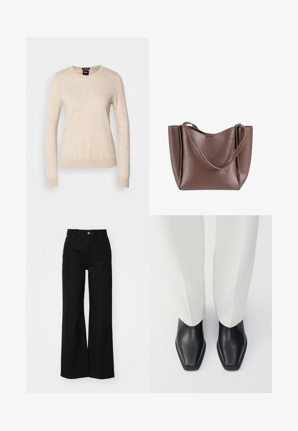 BOSS FERPINA - Neule - light beige; Mustat leveälahkeiset farkut, joissa on korkea vyötärö, etuvetoketju, nappikiinnitys ja punaiset tikkaukset.; Mustat nahkaiset nilkkurit, joissa on terävä kärki ja matala pinottu korko, yhdistettynä valkoisiin leveälahkeisiin housuihin. Sileä pinta, tyylikäs muotoilu.; Ruskea nahkainen käsilaukku, jossa on pehmeä, mutta jämäkkä muotoilu. Varustettu yhdellä pitkällä hihnalla ja kohokuvioidulla logolla yhdellä sivulla.