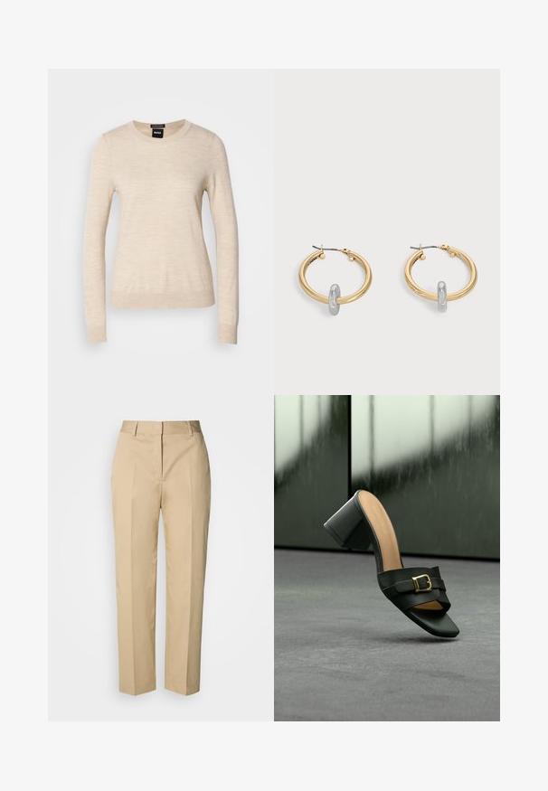 BOSS FERPINA - Striktrøje - light beige; Beige bukser med lige ben, bæltestropper, forreste pres, og skjult lukning, vist mod en lys baggrund.; Sort læder mule med åben tå, blokhæl og guldbuckles, vist på grå overflade med sløret mørk baggrund.; Par guldtonede hoop øreringe med lille sølvfarvet loop-detalje på hver, vist mod lysegrå baggrund.