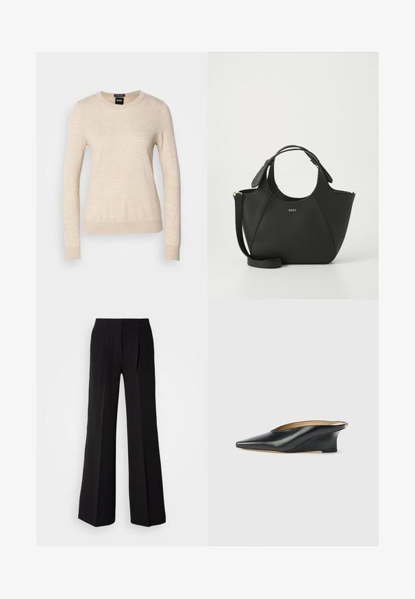 BOSS FERPINA - Jersey de punto - light beige; Pantalones negros de tejido suave, con cintura alta, silueta de pierna ancha y dos pliegues frontales para añadir detalle de diseño.; Zapato cuña de charol negro con punta puntiaguda y talón descubierto, con un diseño elegante y curvado de estilo minimalista.; Bolso de mano de piel negra con superficie texturizada, diseño curvado, asas dobles y una correa desmontable. Presenta un logotipo de la marca en la parte frontal.