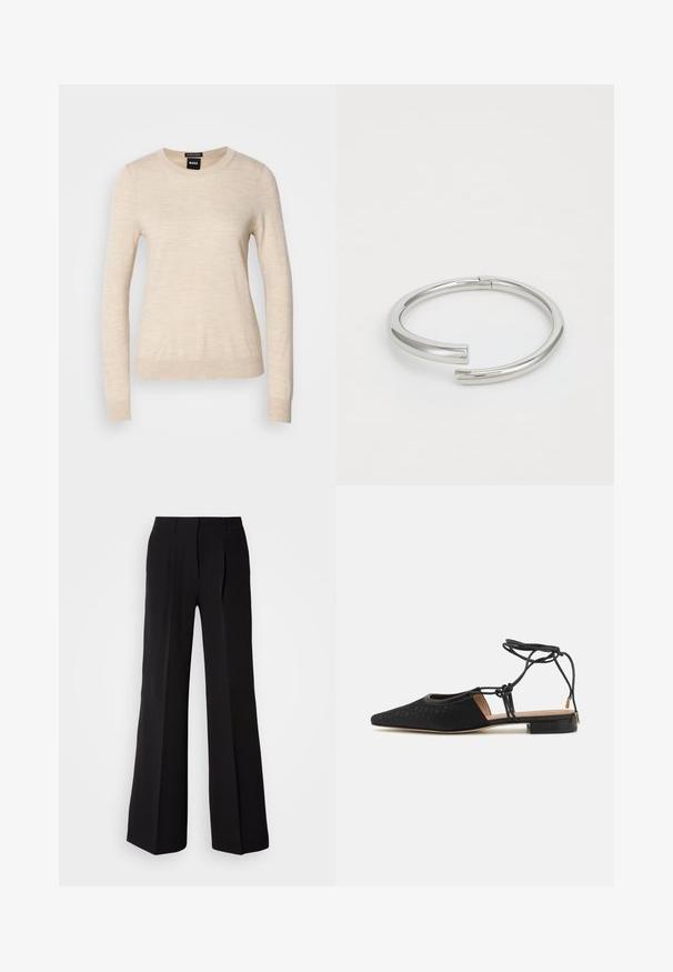 BOSS FERPINA - Strickpullover - light beige; Schwarze Hose aus glattem Stoff, mit hohem Bund, weitem Schnitt und zwei vorderen Falten für zusätzlichen Designakzent.; Schwarze flache Schuhe mit einer spitzen Zehe, strukturiertem Obermaterial, Knöchelbindern und einem niedrigen Blockabsatz. Das Material weist ein dezentes Muster auf.; Calvin Klein SPIRAL - Armband - silver-coloured