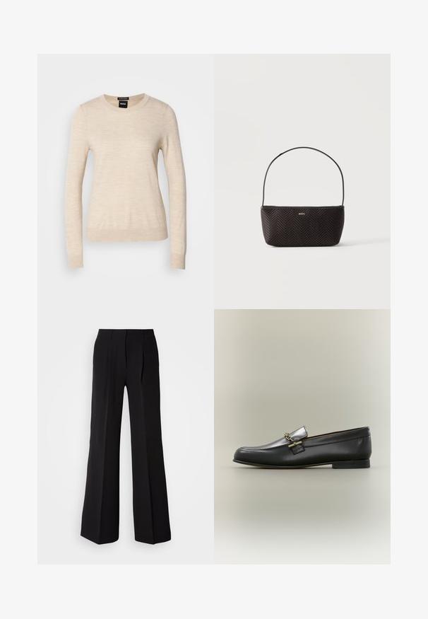 BOSS FERPINA - Striktrøje - light beige; Sorte bukser lavet af glat stof, med høj talje, bred ben silhuet og to frontfolder for ekstra design detaljer.; Sort læderloafer med sølv øverste, gyldent kædedetalje, lav hæl og rundet tå på neutral baggrund.; Sort vævet tekstureret håndtaske med enkelt skulderrem og lille guld "BOSS" logo foran i midten.