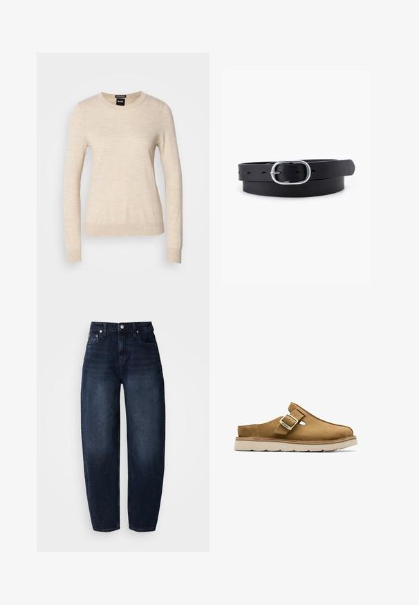 BOSS FERPINA - Jersey de punto - light beige; Vaqueros de mezclilla azul oscuro con un corte relajado, cintura alta, diseño de pierna recta y estilo clásico de cinco bolsillos.; Zueco de ante marrón sin cordones, con punta redondeada, un solo detalle de hebilla y suela de goma de color claro con diseño texturizado.; Cinturón de cuero negro con una textura suave, hebilla ovalada de metal plateado y múltiples agujeros de ajuste a lo largo de la correa. Diseño plano y minimalista.