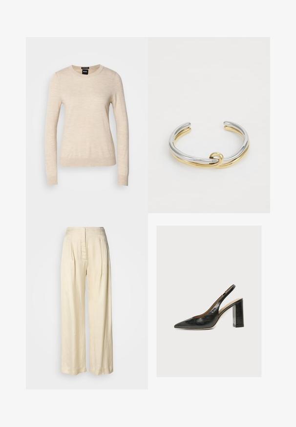 BOSS FERPINA - Trui - light beige; Crèmekleurige zijden broek met hoge taille, plooien, brede pijpen en een verborgen rits aan de voorkant, afgebeeld tegen een effen witte achtergrond.; Zwarte leren damesslingback met spitse neus en dikke hoge blokhak tegen witte achtergrond.; Metalen armband met een gevlochten ontwerp van zilveren en gouden banden, met een gladde, gepolijste afwerking. Opvallend knoopdetail in het midden.