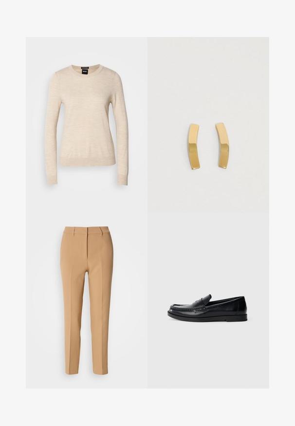 BOSS FERPINA - Pullover - light beige; Pantalons taillés beiges en tissu doux, dotés d'un devant plat, de passants de ceinture et de deux poches latérales ; coupe slim avec un design à jambe droite.; Mocassins en cuir noir avec un design d'accent cousu, bout rond, semelle plate en caoutchouc et finition lisse. Silhouette classique et polyvalente.; Boucles d'oreilles en métal doré avec un design cintré et allongé. La surface est lisse et polie, arborant un style minimaliste.
